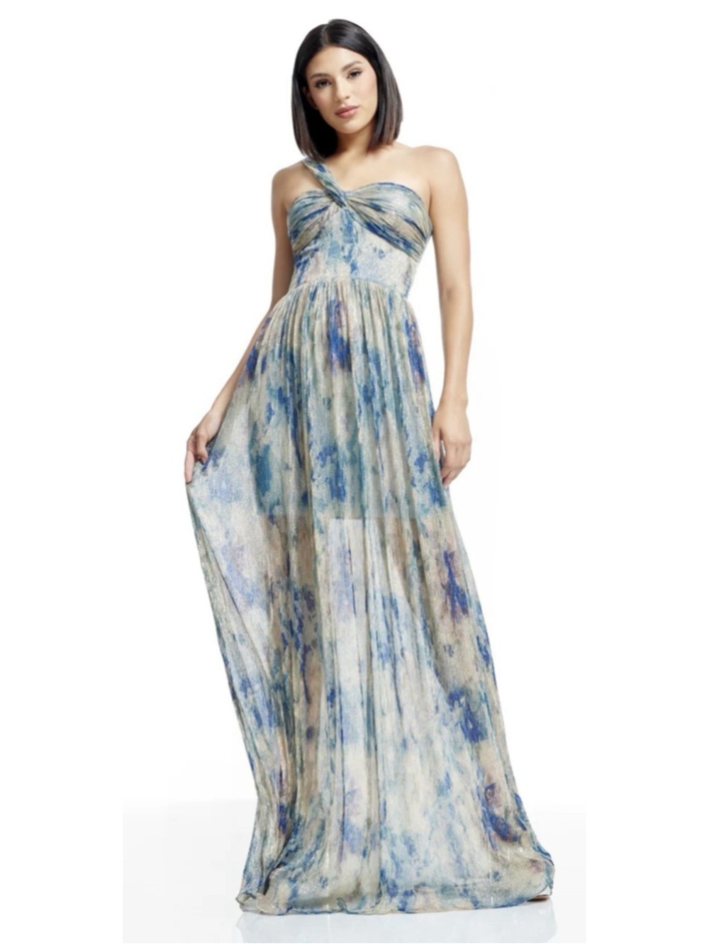 Dress the Population Idalia Gown L Blue Gold Metallic Floral Maxi Formal Prom